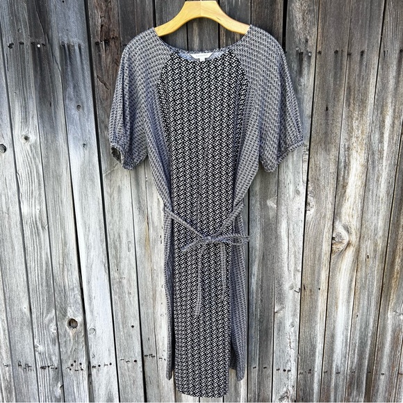 Garnet Hill Dresses & Skirts - Garnet Hill Imogene Linen Midi Puff Sleeve Belted Print Dress Black Tan Beige L